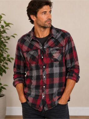 Harley Davidson Buffalo Plaid Flannel Shirt Red Black Snap Front Western Top